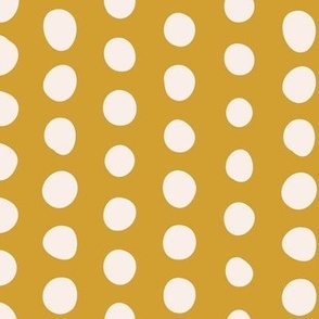 414 - Large scale mellow mustard organic wonky irregular polka dots in linear formation for kids apparel, children bed linen, nursery accessories and wallpaper