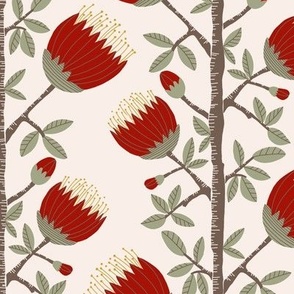412 - Medium scale Pohutukawa (metrosiderosis) folk Scandi primitive  style floral vibe for wallpaper, tablecloth, sheets, duvet covers and curtains. 