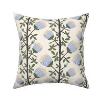 412 $ -  Medium scale  pale blue, sage green and off white Pohutukawa (metrosideros) folk Scandi primitive  style floral vibe for wallpaper, tablecloth, sheets, duvet covers and curtains. 