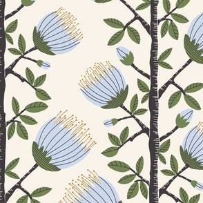 412 $ -  Medium scale  pale blue, sage green and off white Pohutukawa (metrosideros) folk Scandi primitive  style floral vibe for wallpaper, tablecloth, sheets, duvet covers and curtains. 