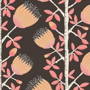 412 - Medium scale Pohutukawa (metrosiderosis) folk Scandi primitive  style floral vibe for wallpaper, tablecloth, sheets, duvet covers and curtains. 