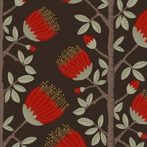 412 - Medium scale Pohutukawa (metrosideros) folk Scandi primitive  style floral vibe for wallpaper, tablecloth, sheets, duvet covers and curtains. 