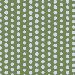 414 - Small scale forest green and pale blue organic wonky irregular polka dots in linear formation for kids apparel, children bed linen, nursery accessories and wallpaper