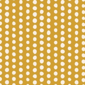 414 - Small scale mighty mustard organic wonky irregular polka dots in linear formation for kids apparel, children bed linen, nursery accessories and wallpaper