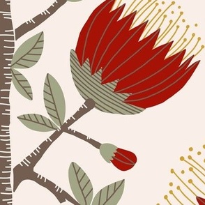 412 - Jumbo large scale Pohutukawa (metrosiderosis) folk Scandi primitive  style floral vibe for wallpaper, tablecloth, sheets, duvet covers and curtains. 