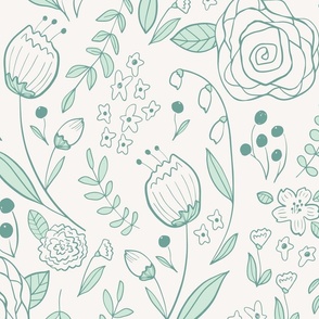 Large - Botanical Wallpaper - Hand Illustrated Flowers and Leaves - Floral and Nature - Mint Green  x Ivory - Light and Airy - Line Drawing