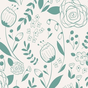 Large - Botanical Wallpaper - Hand Illustrated Flowers and Leaves - Floral and Nature - Sage Green x Ivory
