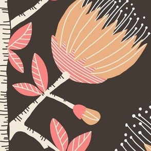 412 - Jumbo large scale Pohutukawa (metrosideros) folk Scandi primitive  style floral vibe for wallpaper, tablecloth, sheets, duvet covers and curtains. 