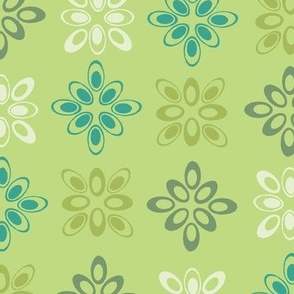  Tranquil retro floral repeatlimey greens, teal green, light greens and biege “Diamond Ellipse”