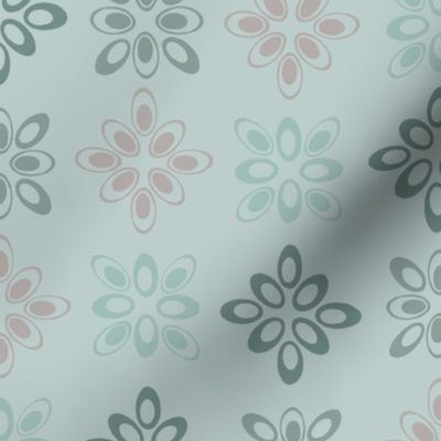 Basic floral repeat “Diamond Ellipse” in duck egg green, light greens and bieges