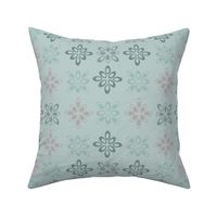 Basic floral repeat “Diamond Ellipse” in duck egg green, light greens and bieges