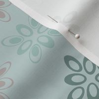 Basic floral repeat “Diamond Ellipse” in duck egg green, light greens and bieges