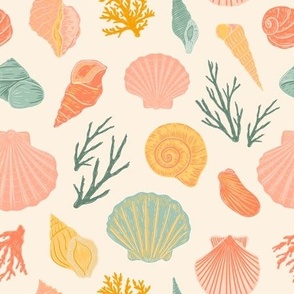 Sea Shells by the Seashore - Large - Rhythm of the Tides - Shells, Seashells, Plants, Seaweed, Coral, Coastal, Pink, Blue