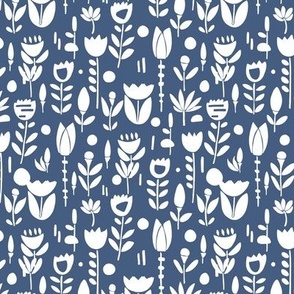 folk floral forest blue and white, small scale