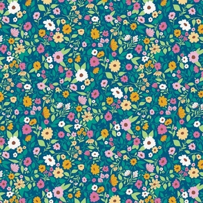 Small scale colorful wildflowers on dark green background