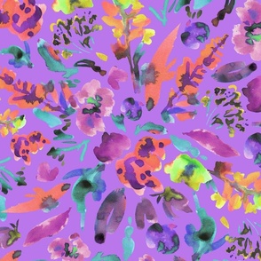 Muticoloured artistic floral watercolor floral - orange version on purple