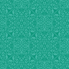 Dark turquoise tonal classical floral vines in maximalist layout .