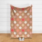 24” large multi coloured polka dots with lace overlay  in peach fuzz colours, cream and coral salmon on burlap hessian