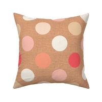 12” medium multi coloured polka dots with lace overlay  in peach fuzz colours, cream and coral salmon on burlap hessian