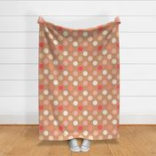 12” medium multi coloured polka dots with lace overlay  in peach fuzz colours, cream and coral salmon on burlap hessian