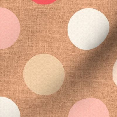 12” medium multi coloured polka dots with lace overlay  in peach fuzz colours, cream and coral salmon on burlap hessian