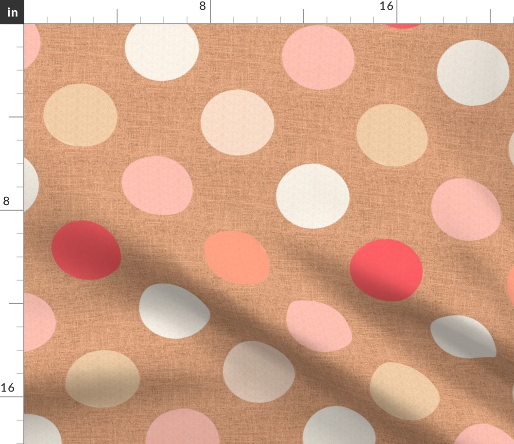 12” medium multi coloured polka dots with lace overlay  in peach fuzz colours, cream and coral salmon on burlap hessian