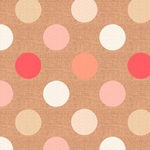 6” small multi coloured polka dots with lace overlay  in peach fuzz colours, cream and coral salmon on burlap hessian