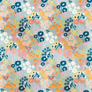 Modern Retro Floral Teal - Medium Scale