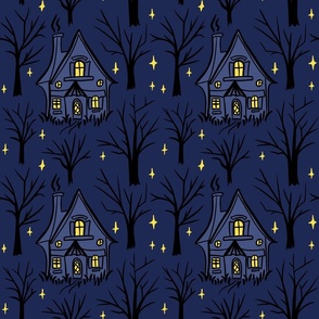 Witch Cottage at Night on Blue Background