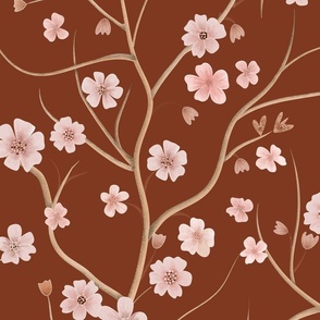 Blush pink flowers on a rusty red background - nature inspired - swirly branches