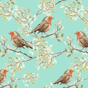 Vintage Painted Robin & Branches Pattern, Mint