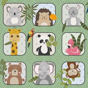 Wild Animals Kids Quilt – Safari and Woodland Animal Bedding (pattern E/ green mist)