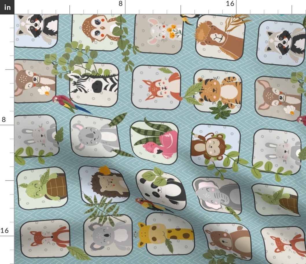 Wild Animals Kids Quilt – Safari and Woodland Animal Bedding Baby Blanket (pattern E/ buxton blue) smaller ROTATED