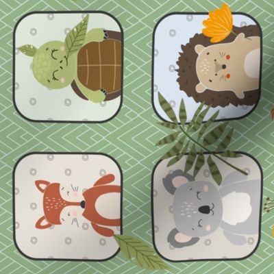 Wild Animals Kids Quilt – Safari and Woodland Animal Bedding Baby Blanket (pattern E/ green mist) smaller scale ROTATED