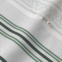 classic green stripes with elaborate ornaments  on an off white linen background - small scale