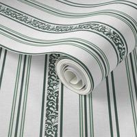 classic green stripes with elaborate ornaments  on an off white linen background - small scale