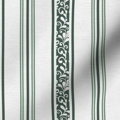 classic green stripes with elaborate ornaments  on an off white linen background - small scale