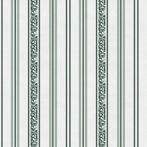classic green stripes with elaborate ornaments  on an off white linen background - small scale