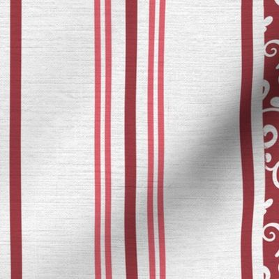 classic red stripes with elaborate ornaments  on an off white linen background - large scale