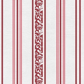 classic red stripes with elaborate ornaments  on an off white linen background - large scale