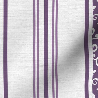 classic purple stripes with elaborate ornaments  on an off white linen background - medium scale