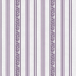 classic purple stripes with elaborate ornaments  on an off white linen background - small scale