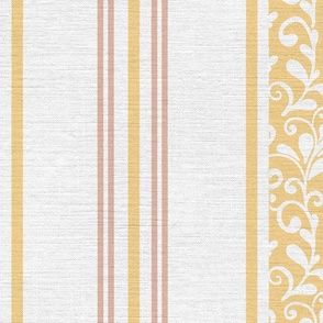 classic yellow and pink stripes with elaborate ornaments  on an off white linen background - large scale