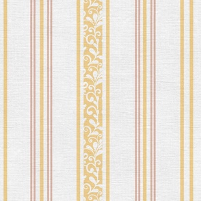 classic yellow and pink stripes with elaborate ornaments  on an off white linen background - medium scale