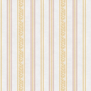 classic yellow and pink stripes with elaborate ornaments  on an off white linen background - small scale