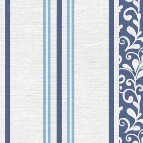 classic navy blue stripes with elaborate ornaments  on an off white linen background - large scale