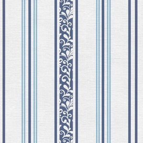 classic navy blue stripes with elaborate ornaments  on an off white linen background - medium scale