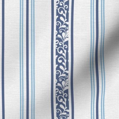 classic navy blue stripes with elaborate ornaments  on an off white linen background - small scale