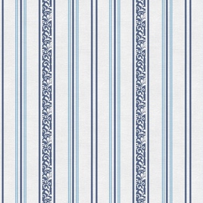 classic navy blue stripes with elaborate ornaments  on an off white linen background - small scale