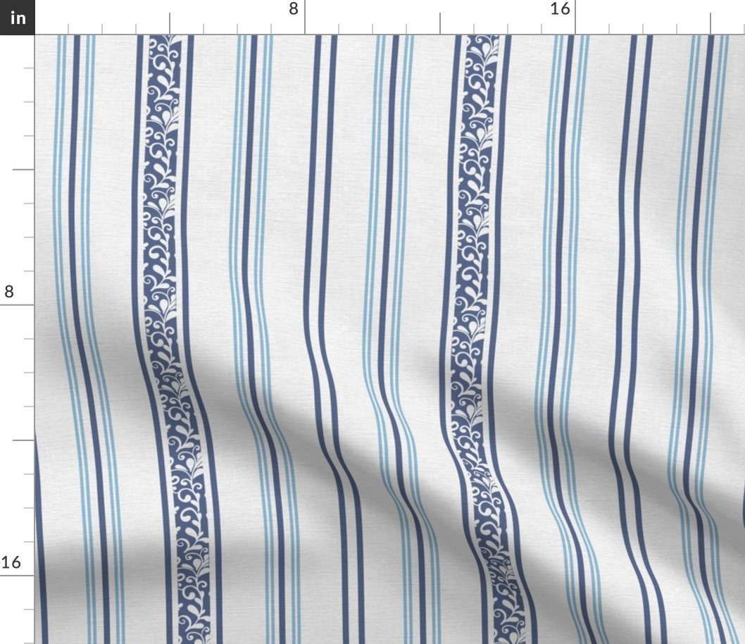 classic navy blue stripes with elaborate ornaments  on an off white linen background - small scale